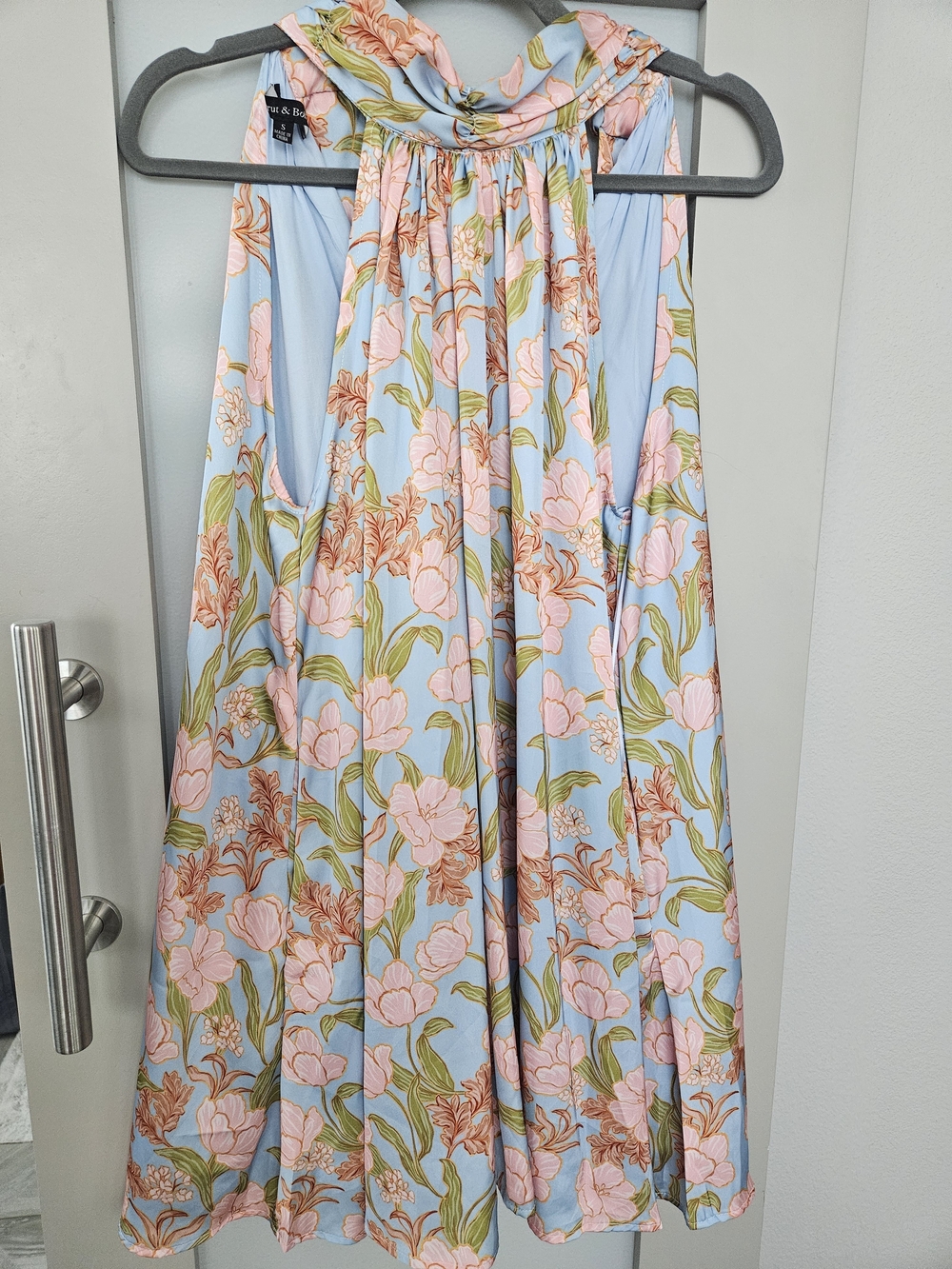 Floral Halter Mini Dress - Light Blue & Pink